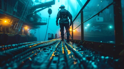 engineer on a ship deck with fiber optic cables being laid underwater