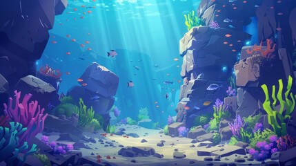 Poster - Aquatic habitat wildlife drawing environment. Ocean underwater boulder with fish. Deep sea coral reef life with coral and plants. Aquarium ecosystem landscape. Underwater ocean boulder with fish