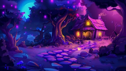 The road to the wood house in a night forest is a fairy tale illustration on a modern background. The witch hut is from a fantasy autumn game set in a magical tree land. The scene is rendered in a 3d