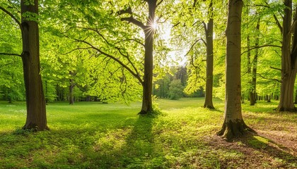 Wall Mural - panoramic landscape beautiful rays of sunlight shining through the vibrant lush green foliage and creating a dynamic scenery of light and shadow in a forest clearing