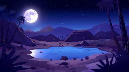 Wall Mural - In summer, a starry light scene is set on a tropic sahara sand hill with mirage environment in an oasis in the desert at night. Full moon in dark sky.