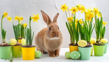 Wall Mural - cute brown bunny with floppy ears sits among green and yellow easter eggs and daffodils in pots happy easter birthday valentine s day springtime concept for card postcard poster banner