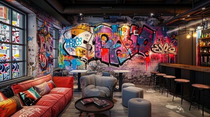 Wall Mural - Bold graffiti art for an urban-themed lounge. 