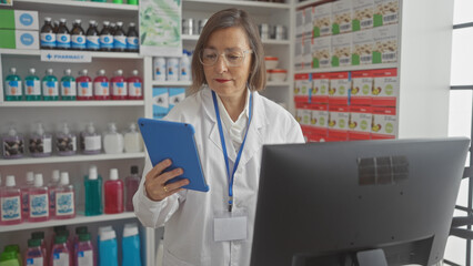 Sticker - Mature woman pharmacist using tablet in a modern drugstore