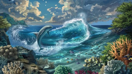 Wall Mural - Create a calming ocean scene with waves and marine life.