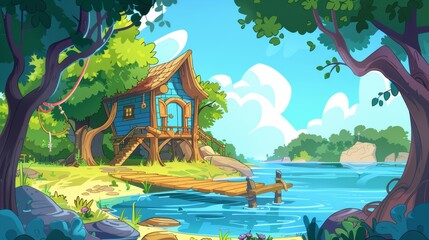 Wall Mural - A cartoon illustration of a house in the forest near a lake. An exterior of a summer cabin near a river. A rural shack construction near a wooden dock in the jungle. A small cottage on the riverside