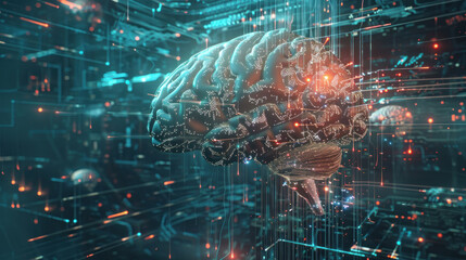 Wall Mural - Visualization of a brain interfaced with cybernetic enhancements, highlighting AI integration.