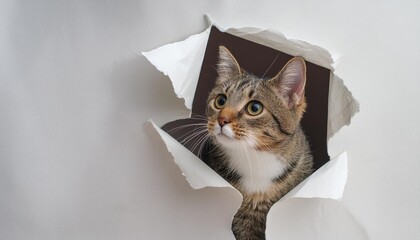 Wall Mural - cat looking up in paper side torn hole isolated
