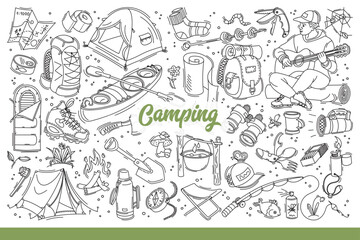 camping equipment for hiking and active tourism to maintain health. clothes and tools for camping ne