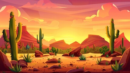 A cartoon desert scenery depicting cacti, wild animals, and sunsets with a pink sky and brown rocks.