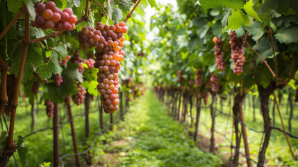 Sticker - Verdant Orchard in Full Summer with Abundant Grape Clusters Hanging from Vines