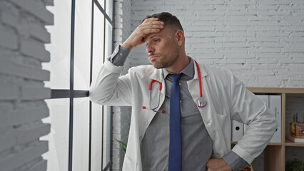 Poster - Worried hispanic doctor in white coat with stethoscope in a clinic room