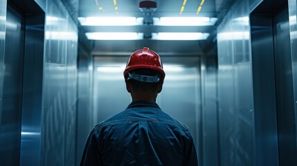 Wall Mural - investors and technician,engineer wearing a hatHelmet Inside Lift. Construction of elevator repair maintenance . Concept.