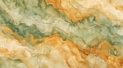 Sticker - A watercolor abstract, random mix of earthy browns and greens, with delicate glowing gold lines creating a detailed topographical map effect. Background is a flowing watercolor pattern, with subtle