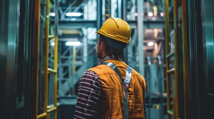 Wall Mural - investors and technician,engineer wearing a hatHelmet Inside Lift. Construction of elevator repair maintenance . Concept.