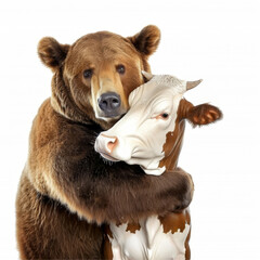 Wall Mural - bear hugs a cow on a white background
