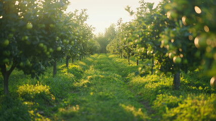 Wall Mural - Ripe Apple Trees in a Lush Summer Orchard