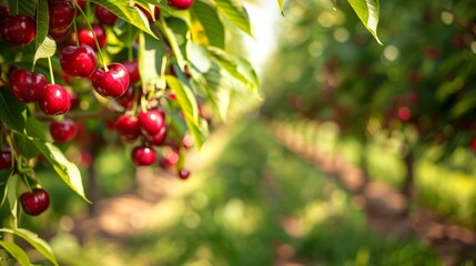 Wall Mural - Orchard in Summertime Laden with Rows of Cherry Trees Bearing Ripe, Red Fruit