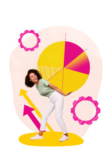 Poster - Vertical collage picture of mini positive girl arms hold huge stats diagram cogwheel gear growing arrows upwards isolated on white background