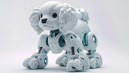 Aufkleber - This White robot dog standing on a plain white surface. Futuristic robotic white poodle isolated on white background