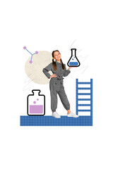 Sticker - Collage picture little schoolgirl hold molecular formula reagent tube liquid chemistry experimental discovery isolated on grey background