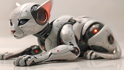 Leinwandbilder - This white robot cat rests comfortably on a white surface. White Robot Cat Laying Down on White Surface