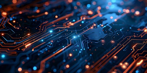 a computer circuit board with a blue and orange design