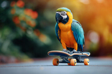 Colorful parrot skateboarding outdoors on a sunny day, capturing fun and vibrant moments with nature.