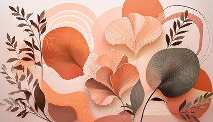 Wall Mural - abstract minimalistic scandinavian botanical art with warm color tones a delicate composition of floral and foliage elements intertwined with abstract warm colored shapes and subtle brushstrokes