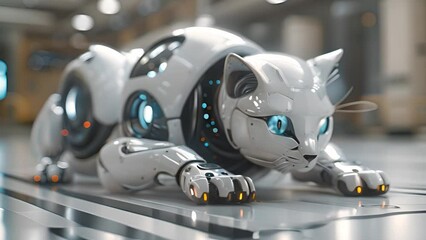 Leinwandbilder - This white robot cat with blue eyes resting on the floor. White Robot Cat With Blue Eyes Laying on Ground