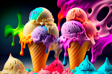 Two waffle ice cream cones in rich, bright colors