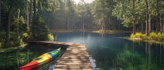 Sticker - A tranquil lake surrounded by dense forest, with a wooden dock stretching out into the water and a colorful kayak moored alongside. 32k, full ultra HD, high resolution