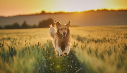 Wall Mural - happy golden retriever dog running in field at sunset generative ai