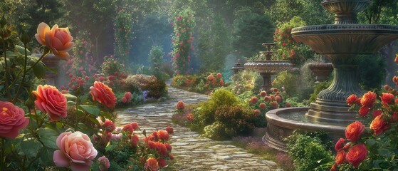 Sticker - A tranquil garden filled with blooming roses of every color imaginable, with a quaint stone path winding its way through lush greenery and ornate fountains. 32k, full ultra HD, high resolution