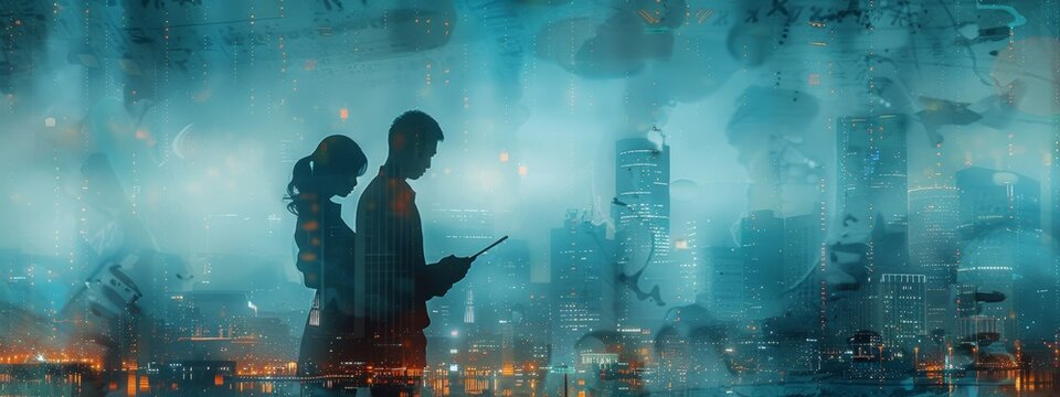 Triple exposure, two business people, a man and a woman, handing over documents, city skyline, stock dynamic change curve chart, the overall tone is dark blue combined with light blue, with clear prio