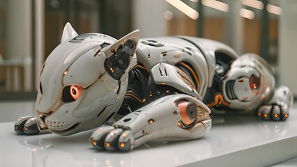 Poster - This robot cat laying down on a blank white surface. Robot Cat Resting on White Surface