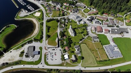 Sticker - Naustdal town drone view, Norway. White church and cemetery.