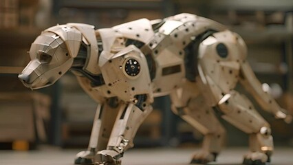Aufkleber - This robot dog standing still in a warehouse setting. Robot Dog Standing in Warehouse