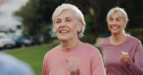 Canvas Print - Fitness, pilates and senior people in garden for wellness, active lifestyle and mobility outdoors. Retirement, morning and happy elderly men and women in nursing home for exercise, training and yoga