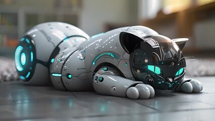 Leinwandbilder - This robot cat is lying down on the ground. Robot Cat Laying on the Floor