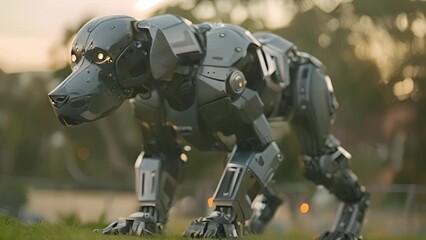Aufkleber - This robot dog stands on a grassy field under the sun. Robot Dog Standing on Grass Field