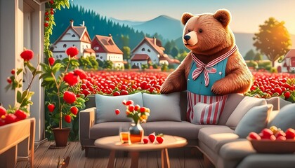 Wall Mural - bear in the garden with strawberries 