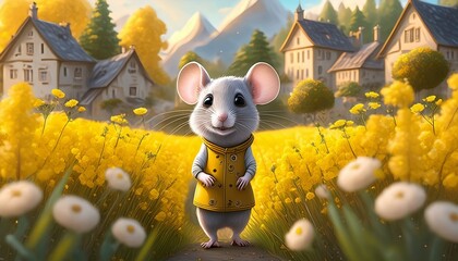 Wall Mural - mouse and landscape with flowers