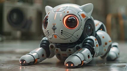 Poster - This robot cat is peacefully lying on the ground. Robot Cat Laying on Ground