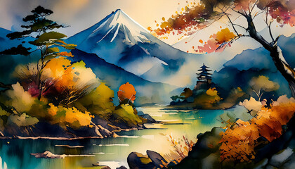 Wall Mural - Watercolor painting of Japanese landscape. Beautiful natural scenery with mountain and lake.