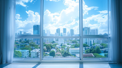 Poster - A window with a picturesque view of a city skyline