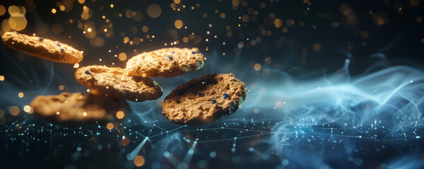 Cookies on a blue data background, banner with copy space for text. Online privacy and data protection regulations on Internet. Accept Website cookies concept