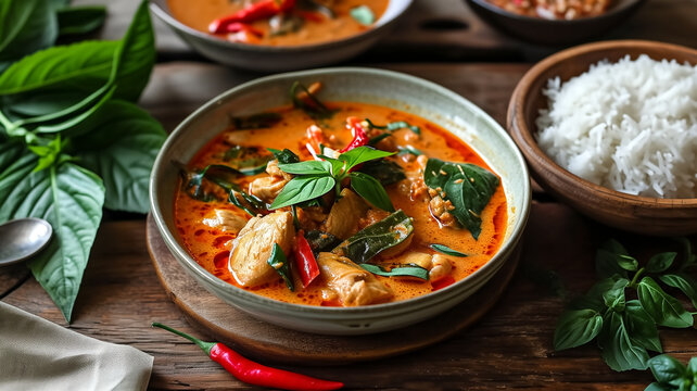 Close-up of a bowl of Thai red curry with chicken, basil, and chili peppers, accompanied by a bowl of white rice. Studio food photograph with natural lighting. Thai cuisine and culinary presentation