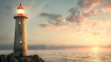 Rustic old lighthouse at dusk, standing tall as a beacon of guidance for mariners, with a serene and nostalgic atmosphere, symbolizing safety and hope