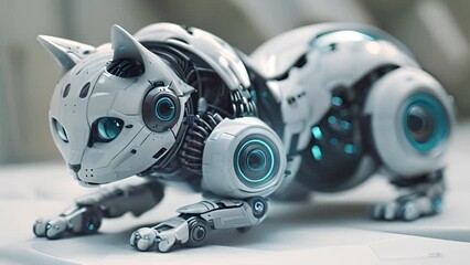 Leinwandbilder - This robot cat perched on a laptop computer. Robot Cat Sitting on Top of a Laptop